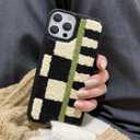 Furry Checkered Phone Case for iPhone 15 Pro Max 6.7''2023,Soft Fluffy Aesthetic Carpet Furry Case Plaid Shockproof Protective Cover for Cool Girls Women(Checkerboard)