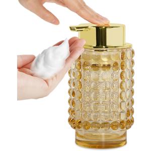 Foaming Soap Dispenser, Amber Glass Soap Dispenser with Gold Pump, 12 Oz Refillable Large Lotion Container Bottle, Foam Lotion Dispensers for Kitchen Bathroom Countertop