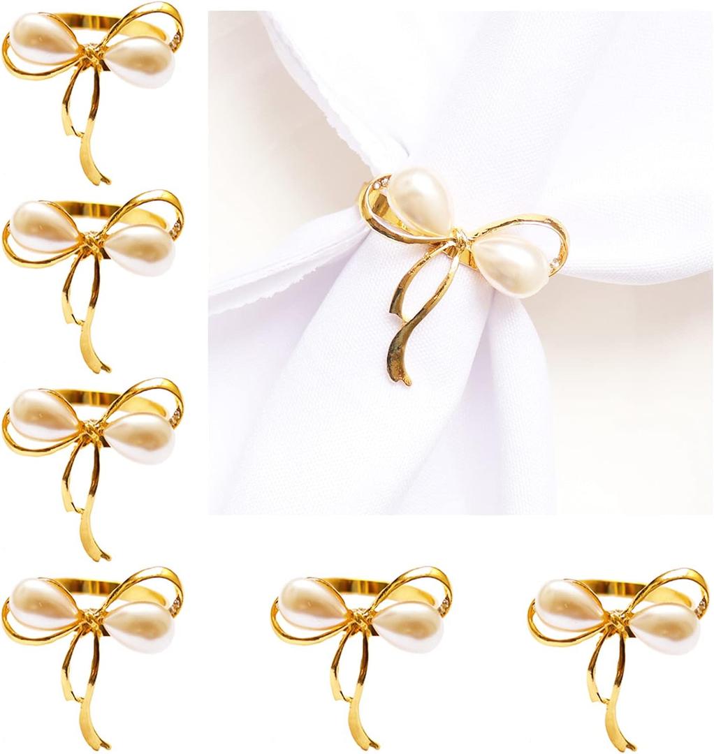 Gold Napkin Rings Set of 6, Bow Napkin Rings for Wedding Party Banquet Decoration Christmas