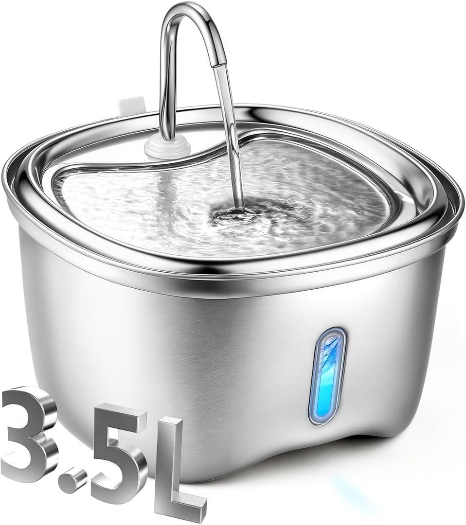 Kiwilove Cat Water Fountain Stainless Steel, 120oz/3.5l Water Fountains for Cats Indoor, Automatic Silent Pump, Easy Clean Water Bowl, with Replacement Filters, Unique Cat-Shaped Design