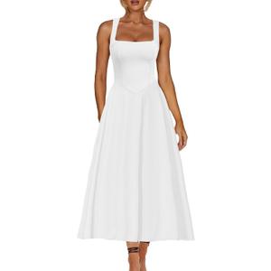 Kaximil Women's Square Neck Sleeveless A Line Maxi Dress Smocked Ruffle Flowy Casual Long Dresses, Medium, White