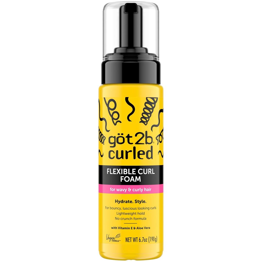 Got2B Curled Flexible Curl Foam, 6.7 Fl Oz, Hair Mousse for Frizz Control and Heat Protection, Lightweight Hold, No-Crunch Definition for Wavy & Curly Hair Styling, Aloe Vera & Vitamin E Infused