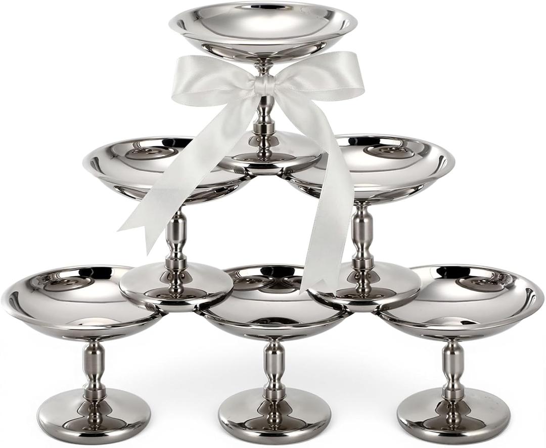 Ferrochef 6 Pcs Mini Stainless Steel Ice Cream Bowls Vintage Silver Serving Pudding Dessert Cup Sauce Bowls Metal Round Footed Yogurt Snack Candy Cups for Mousse Fruit Salad Cake Wedding Party Favor