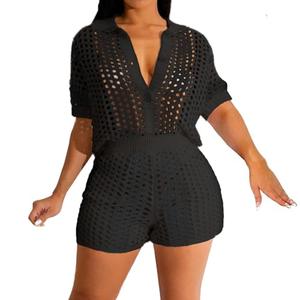 VOIKERDR Shorts Sets Women 2 Piece Outfits Crochet Hollow Out Shirt and Shorts Summer Vacation Beach Clothes Size XL