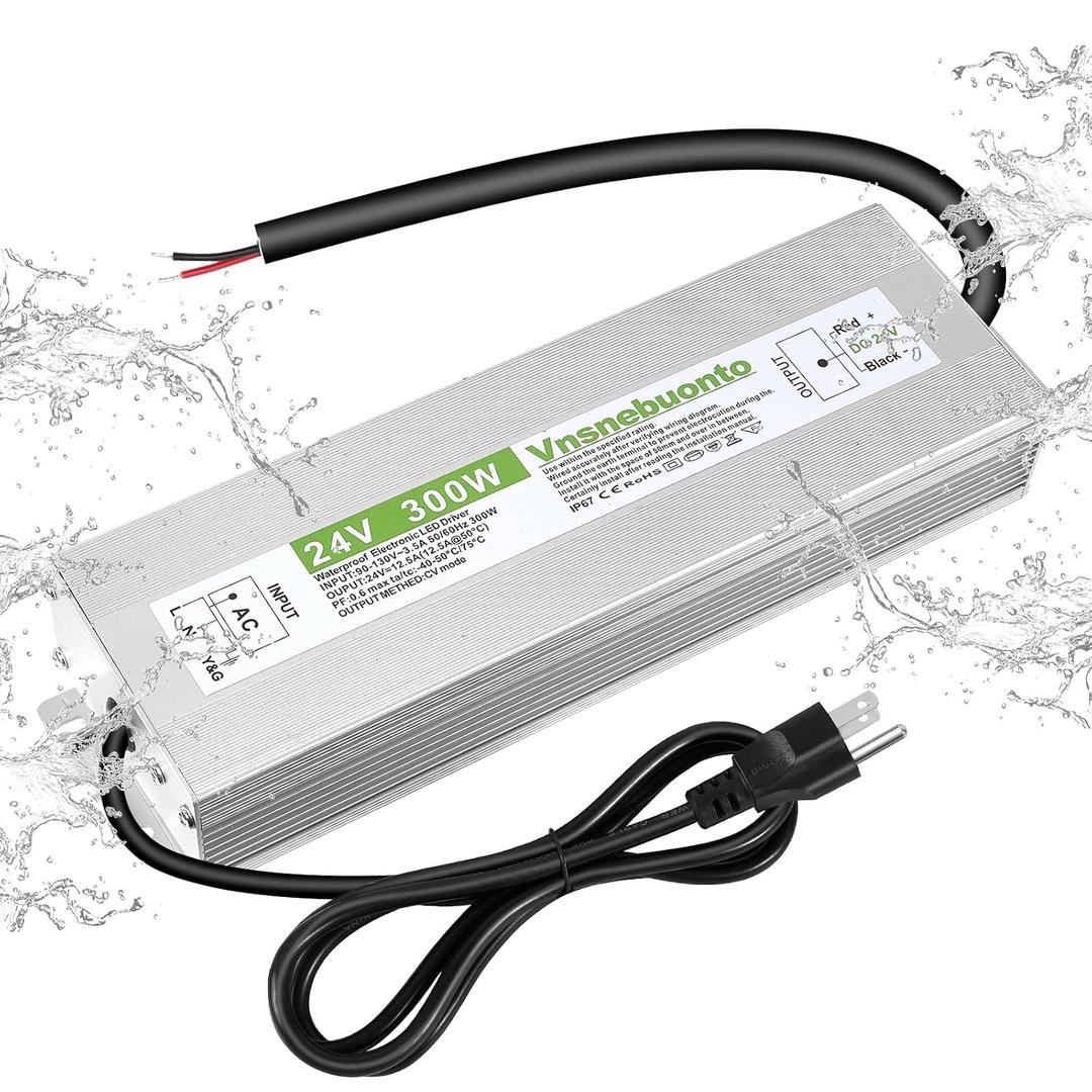 24V Power Supply 300W, 90-130V AC to 24V DC 12.5A Converter, IP67 Waterproof LED Driver, 24 Volt Low Voltage Transformer, Adapter with 3-Prong Plug for LED Light, Outdoor Indoor Use