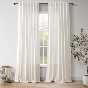 Nanspring Natural Linen Curtains 90 Inches Long for Living Room Country Semi Sheer Light Filtering Curtains Farmhouse Decor Boho Curtain for Bedroom Back Tab and Rod Pocket 52x90, 2 Panels