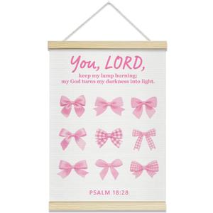 TRKAE Coquette Pink Bow Canvas Poster Hanger Frame, You Lord Keep My Lamp Burning Christian Wall Art for Girls, Bible Verses Wall Decor for Bedroom Dorm Apartment Office -004