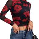 LYANER Women's Floral Mesh Long Sleeve Sheer Mock Neck Slim Fit Going Out Tee Crop Tops (Black, XL)