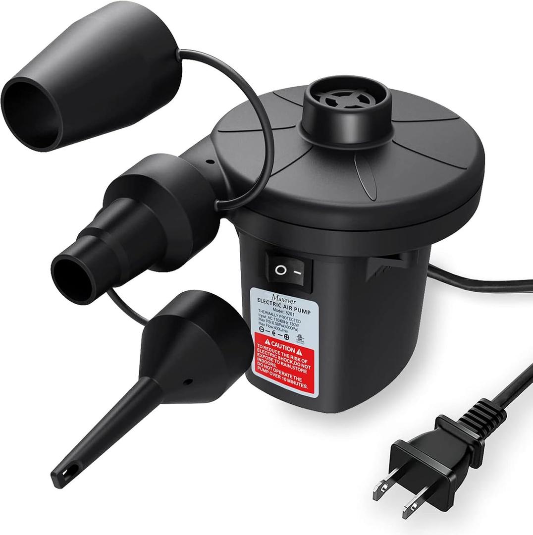MAXEVER QuickFill Electric Air Pump with 3 Nozzles, AC 110V120V Portable Inflator Deflator for Inflatables Pool Float Toys Air Mattress Bed Couch Swim Ring Tube Raft, Black