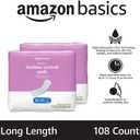 Amazon Basics Incontinence Pads for Women, Postpartum, Long, Bladder Control, Moderate Absorbency, Unscented, 108 Count (2 Packs of 54)