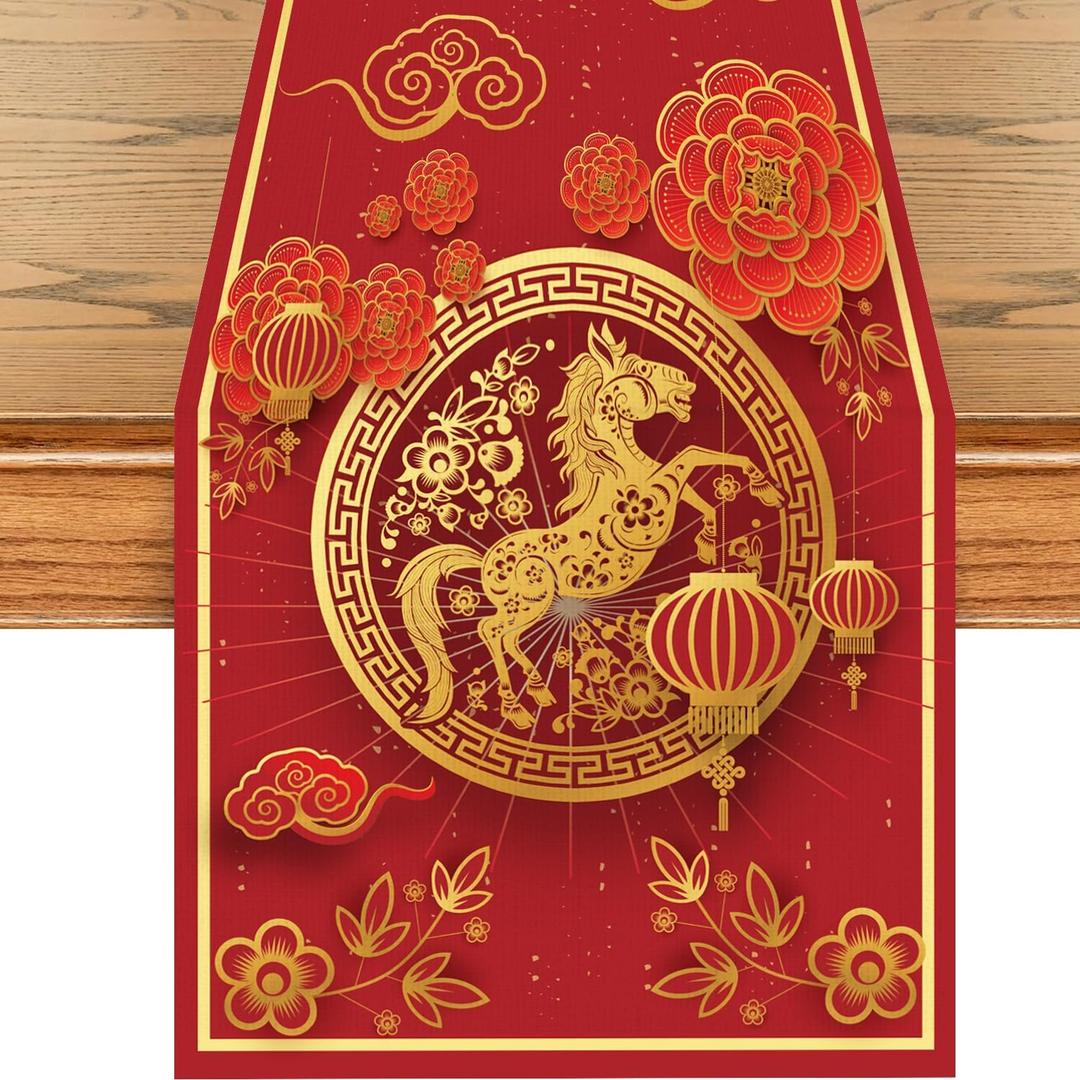 Chinese New Year Table Runner, 2026 Year of The Horse Happy Lunar New Year Table Decorations for Spring Festival Holiday Kitchen Dining Home Party Decor, 13x72 Inch