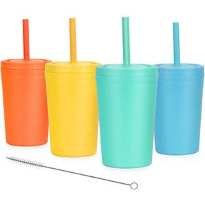 Homestockplus Reusable Wheat Straw Cups with Lids and Silicone Straws, 10 Oz Chip Resistant E-Co Friendly Small Water Cups for Milk, Drinks, Smoothies - 4 Colors
