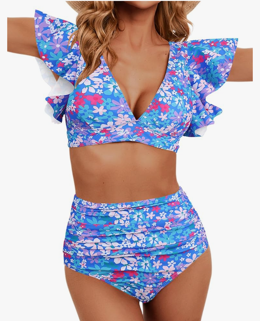 Women Ruffle High Waisted Swimsuit Two Piece Tropical Print Swimsuit Push Up Bathing Suit, L