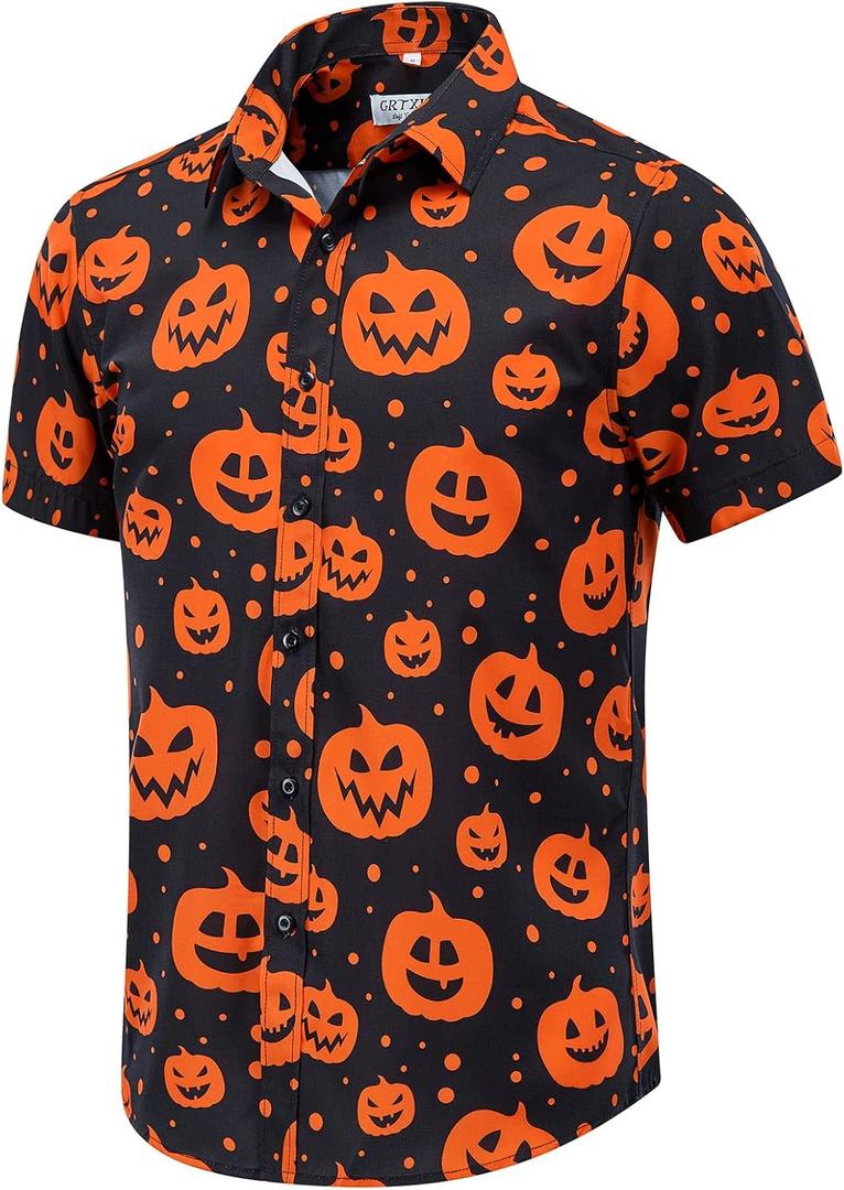 Halloween Shirts for Men Pumpkins Skeleton Shirt Short Sleeve Button Down Dress Shirts (Medium, Black)