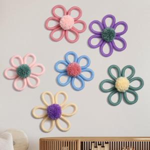 Ripeng 6 Pcs 6 inch Boho Nursery Decor for Girl Woven Daisy Flower Decor Macrame Wall Hanging Bohemian Wall Dais for Baby Girls Kids Home Bedroom(Macaron Color)