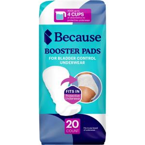 Because Overnight Incontinence Booster Pads for Men and Women, Adds 4 Cups Extra Absorbency to Adult Diapers, Super Soft, Adhesive Strip Backing, Unisex, 20 Count