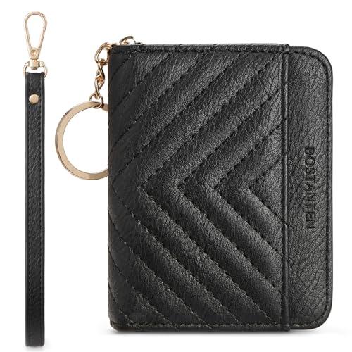 BOSTANTEN Credit Card Holder Wallet RFID Blocking Leather Small Wallet for Women Zipper Keychain Wallet with Wristlet Black