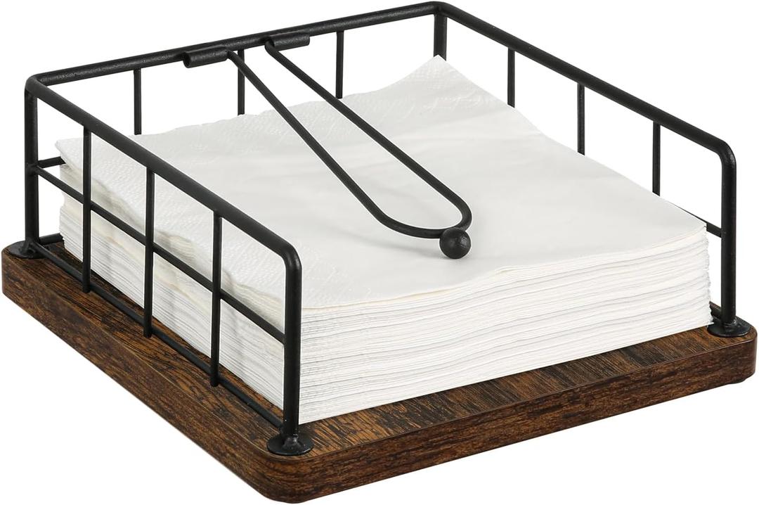 YINMIT Napkin Holder for Table, Farmhouse Napkin Holders with Weighted Arm, Wood Rustic Napkin Holders for Paper Napkins, Napkins Holder for Kitchen, Dining Table (6.7inx6.7in)