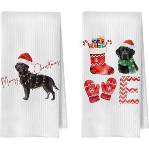 Christmas Black Lab Decor - Labrador Retriever Gifts Waffle Decorative Kitchen Towels, Christmas Black Lab Dish Towels, Labrador Gifts Hand Tea Towel, 16x24 Inches Set of 2