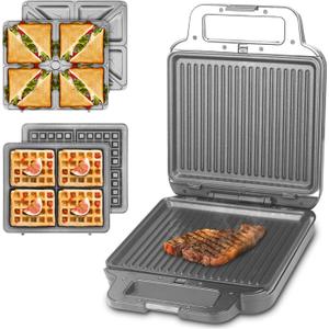 Panini Grill Press Breakfast Sandwich Maker 3 in 1, Electric Griddle Panini Press, Grilled Cheese Maker, Sandwichera Electrica, Belgian Waffle Maker with Removable Plates