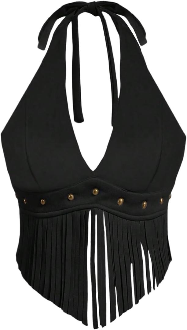MakeMeChic Women's Fringe Rodeo Faux Suede Halter Tops Tie Backless Sleeveless Western Cowgirl Concert Outfits (Black, L)
