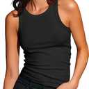 Artfish Women's Sleeveless Full Length Ribbed Fitted Racerback Workout Crew High Neck Basic Tank Top (X-Large, Black)