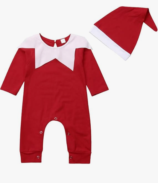 LYSINK Newborn Baby Boy Girl Christmas Outfit Elf Santa Claus Costumes with Hat Toddler Infant Romper Onesie Elf Costume (Red, 6-12 Months)