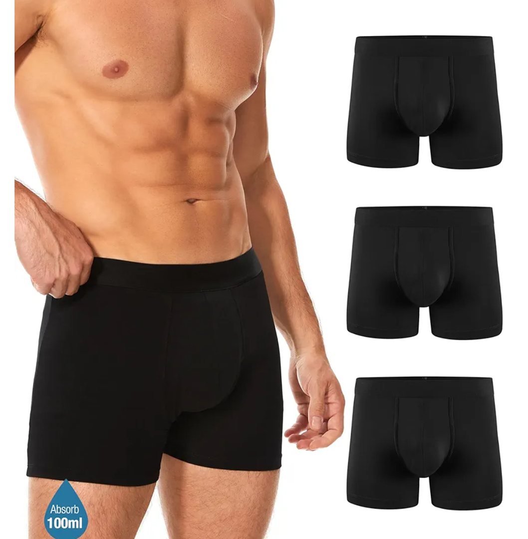 Men's Incontinence Underwear, Leak Proof Washable Reusable Cotton Boxer Brief, Heavy Flow Bladder Leak 3 Pack (Black, Large)