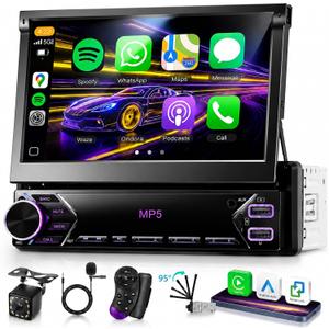 Single Din Flip Out Car Stereo Touch Screen Wireless Carplay Android Auto, 7 inch Car Radio 1 Din Bluetooth Support SWC FM/EQ USB Type-C, Car Audio Receiver MP5 Player with Backup Camera