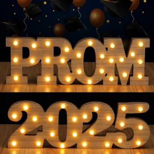 Rossesay 2 Pcs LED 2025 Prom Marquee Letters Signs Large Prom 2025 Letters with Lights Graduation Centerpieces for Tables Wooden Light up Signs Preschool Senior College Graduation Party Supplies