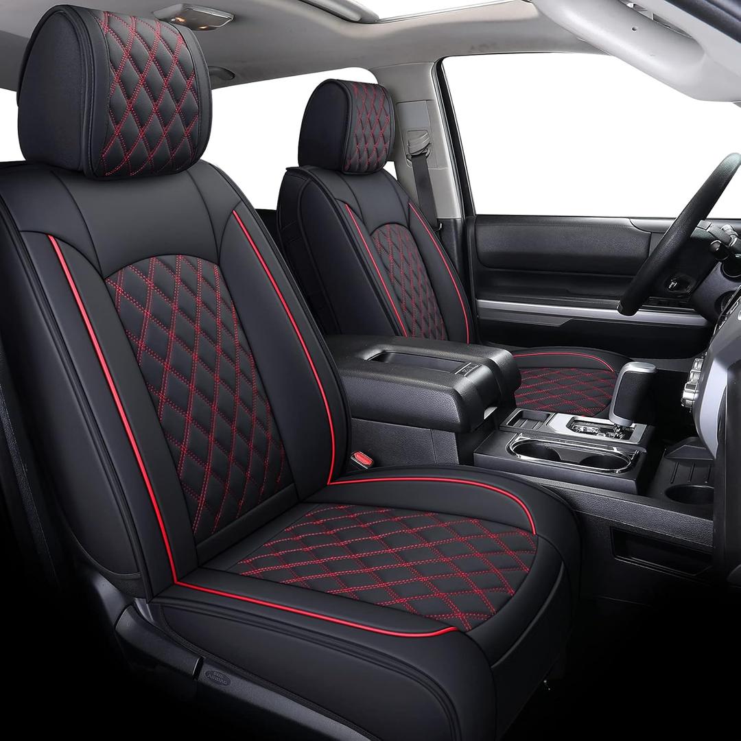 YIERTAI Trucks Seat Covers Compatible with 2008-2023 2024 2025 2026 Toyota Tundra SR5 Crewmax Double Cab Crew Extended Cab Pickup Waterproof Leather Seat Protectors(5 PCS Full Set/Black-Red)