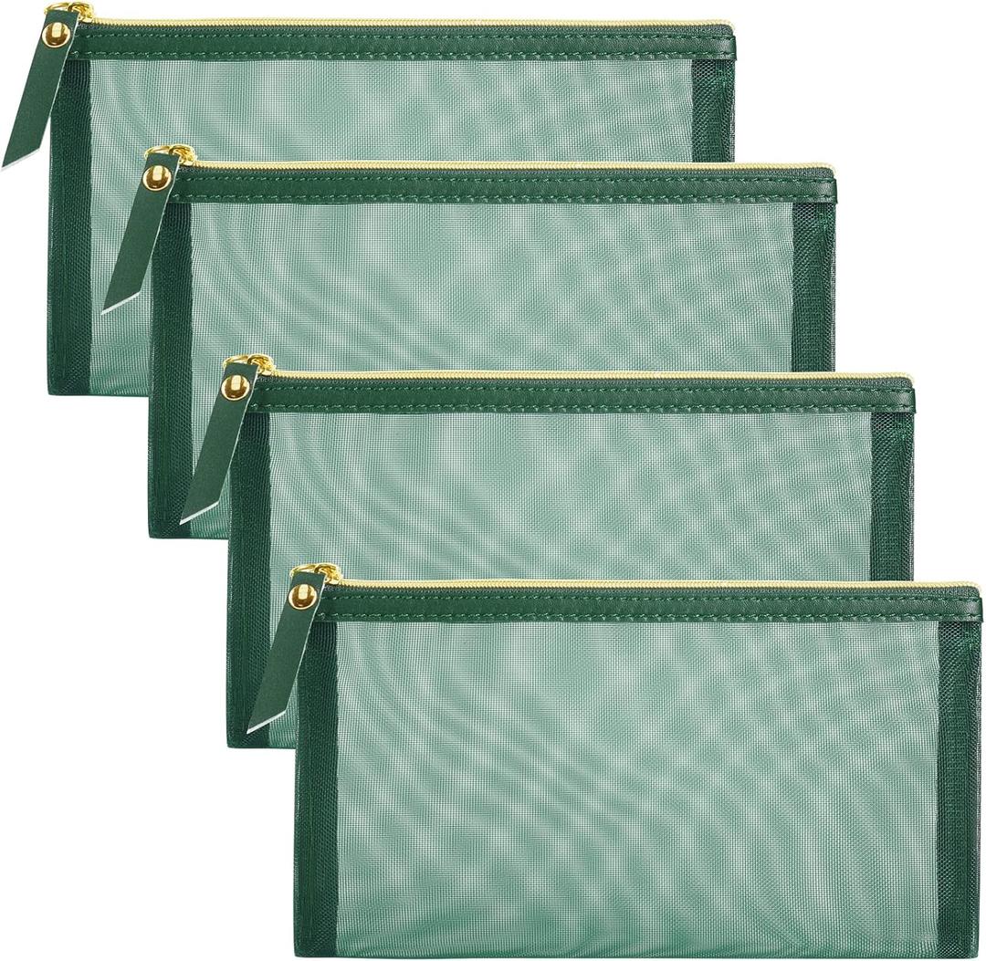 Mesh Cosmetic Bag, 4pcs Nylon Makeup Pouches with Leather Pull and Golden Zipper for Purse Diaper Bag (Emerald Green) (Flat)