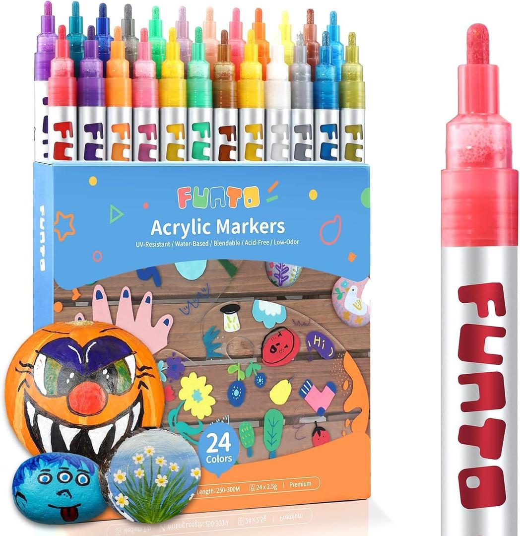 Funto Acrylic Paint Pens for Rock Painting, Fabric, Wood, Canvas, Metal, Ceramic, Glass, 24 Colors Paint Marker Set, Non-Toxic, Quick Drying