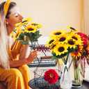 Redbaker 24 Bundles Yellow Sunflower Faux Mums for Outdoor Artificial Flower with Stems Bouquet Fake Plants Bulk UV Resistant Plastic No Fade Wedding Fall Garden Home Window Decor (Sunflower)