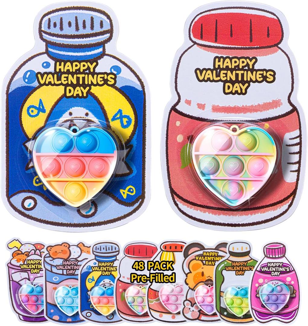MEADIN Valentines Day Gifts for Kids - 48 Pack Prefilled Heart Pop Fidget Valentines Cards for Kids Classroom - Valentine Exchange Cards for Boys Girls School Class Gifts Party Favors