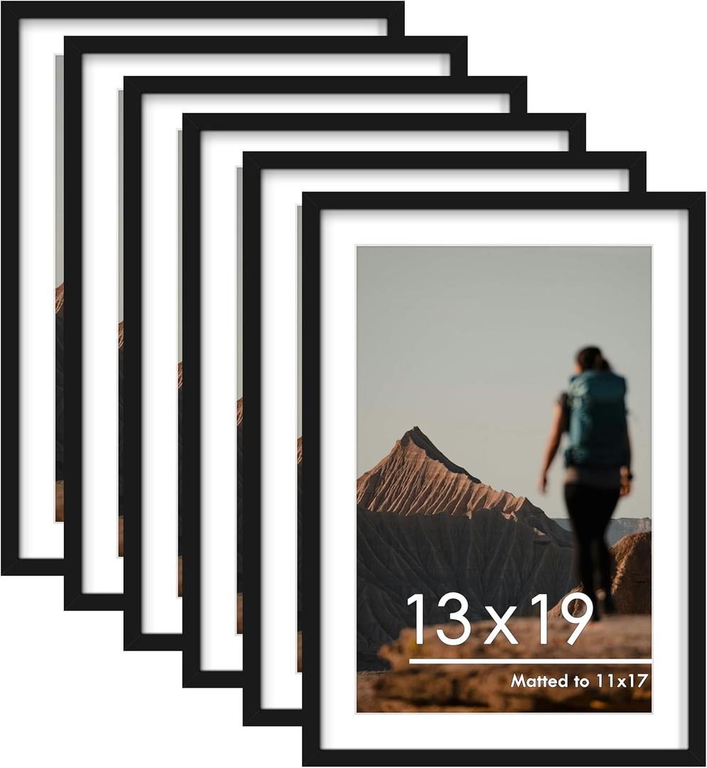 PEALSN 13x19 Picture Frame Set of 6, Display Pictures 11 x 17 with Mat or 13 x 19 without Mat for Wall Mounting Display, Poster Frames Collage for Wall Decor, Black.