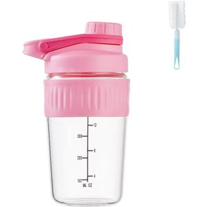 16oz Glass Shaker Bottle for Protein, Small Borosilicate Glass Protein Powder Leak-Proof Shaker Cup Mixes with 304 Blending Ball(16oz,Pink)