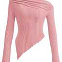 PRETTYGARDEN Women's Spring Long Sleeve Y2K Crop Top Trendy Off Shoulder Asymmetrical Fitted Knit Tee Shirts Going Out Tops, XL