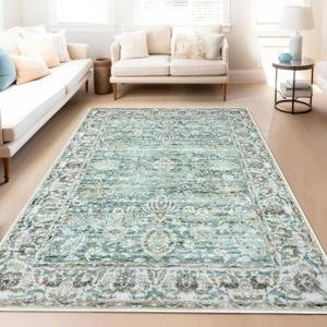 Area Rug - 5x7 Living Room Bedroom Machine Washable Printed Vintage Floral Carpet Non-Slip Low Pile Distressed Boho for Laundry Dining Farmhouse, Green