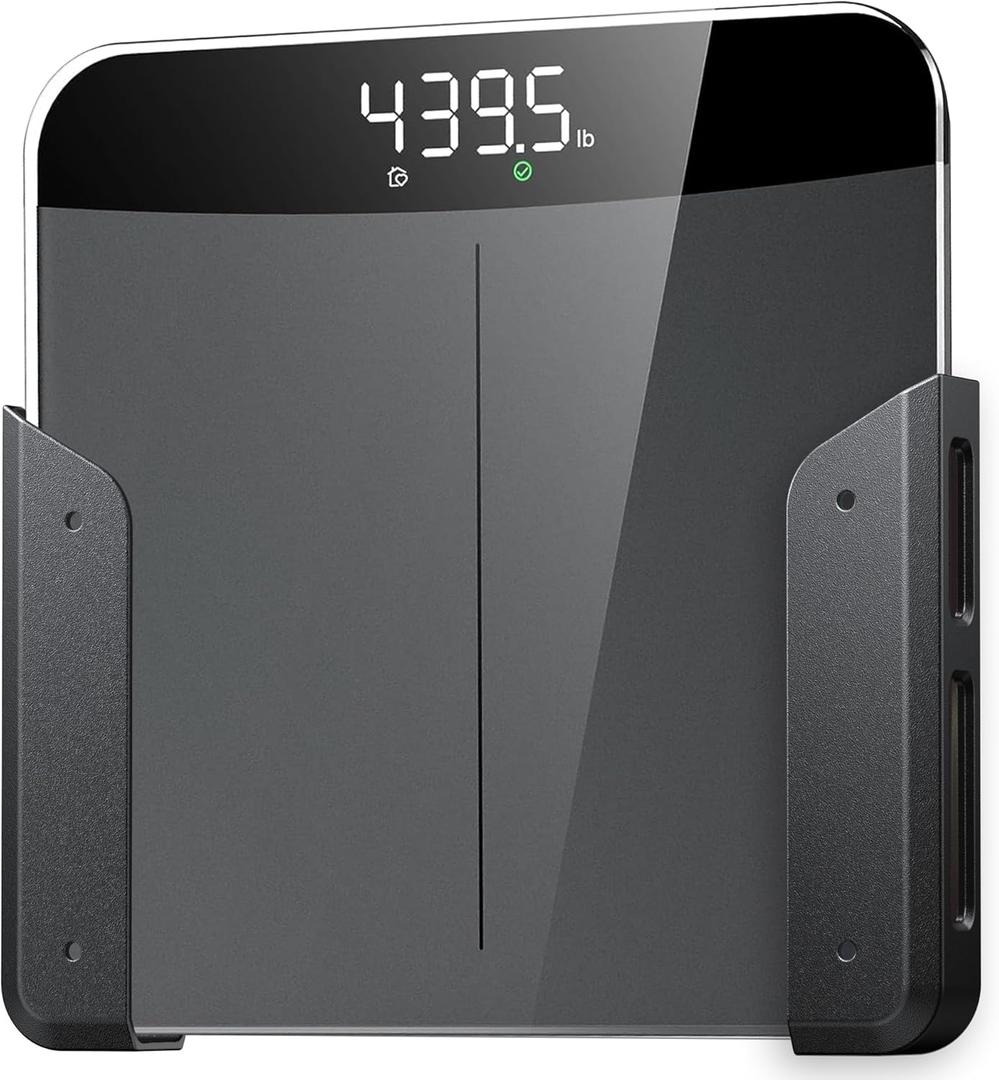 ELETIUO Wall-Mounted Scale Holder with Adhesive &Screws -Fits Most Digital Scales (Up to 1.2"/30mm Thick),Anti-Slip Silicone Pads,Space-Saving Bathroom/Bedroom Organizer-Easy to Install, Black