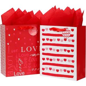 Vammy 13" Large Valentine's Day Gift Bag with Tissue Paper, 2 Pack Paper Gift Bags (Love, Heart) for Valentine's Day Birthday Mother's Day (Red)