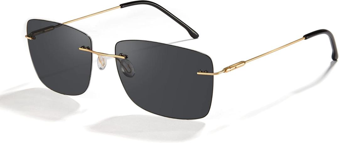 Cyxus Polarized Rimless Sunglasses for Men Square UV Protection Rectangle Ultralight Metal Shades (Frameless Sunglasses-black Gold)