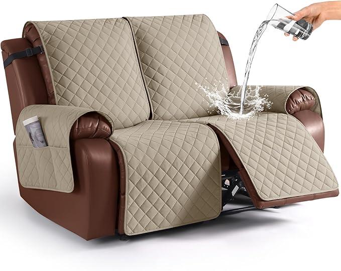 KinCam Waterproof Oversized Loveseat Recliner Cover, Non-Slip Reclining Couch Covers for 2 Seat, Recliner Sofa Cover Furniture Protector with Elastic Straps for Kids, Pets, Khaki
