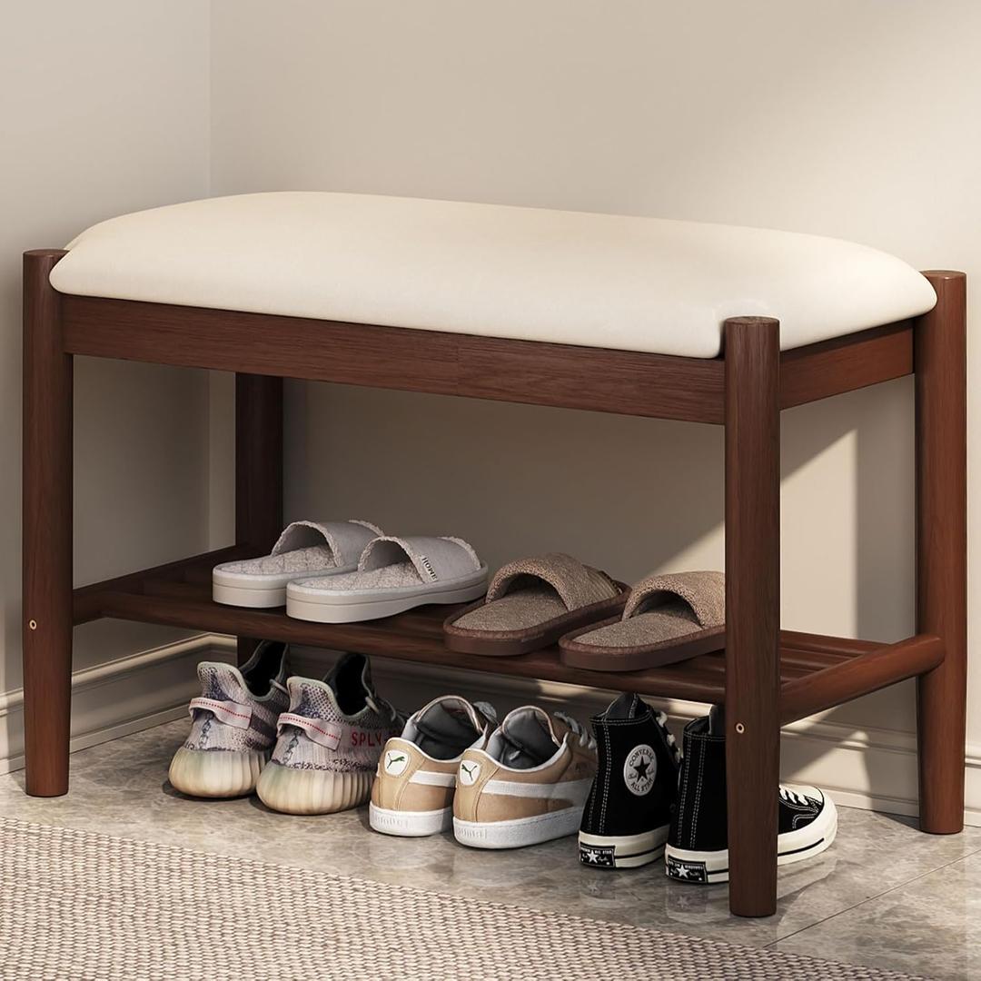Solid Wood Shoe Bench with Cushion, 2-Tier Shoe Rack for Front Door Entrance, Enterway Benches with Shoe Storage (Walnut, 31.5in)