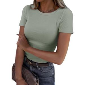 Roselux Women Crew Neck Ribbed Fitted Tight Tshirt Short Sleeve Shirt Basic Knit Top (Large, Sage Green)