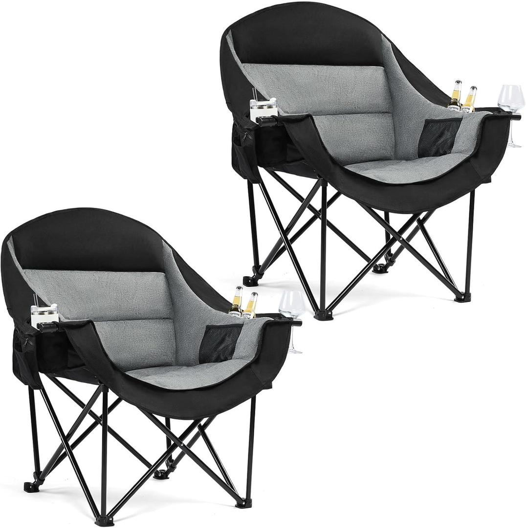 Oversized Camping Chair for Adults - Heavy Duty Outdoor Padded Large Lawn Camp Chair with Cup Holder Cooler Pockets for Sports Beach Fishing Garden Portable Supports 500lbs, Black/Grey 2 Pack, Twin Pack 