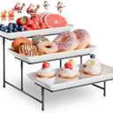 3 Tier Plastic Serving Tray for Party, 11.5" x 5.6" Platters for Serving Food, Microwave-Safe, White Reusable Trays with Black Metal Display Stand for Cupcakes, Sevring Food, Dessert, Fruit, Black