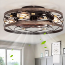 Small Fandelier Caged Ceiling Fan with Light, Farmhouse Low Profile Flush Mount Ceiling Fans with Lights and Remote, Rustic Bladeless Ceiling Fan with Light for Kitchen, Bedroom, Living Room