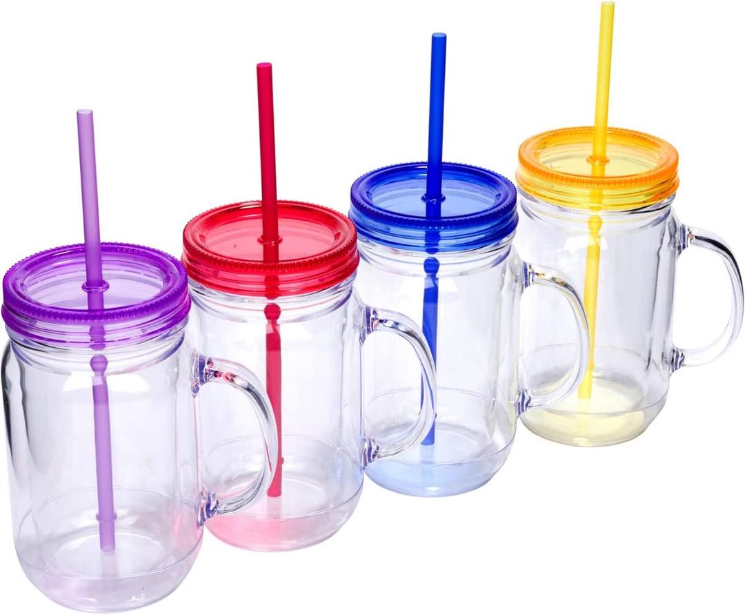 Plastic Mason Jars with Handles, Lids and Straws | 20 oz Double Insulated Tumbler with Straw | 4 Pack Set of 4 | Wide Mouth Mason Jar Mugs | Cups for Kids and Adults