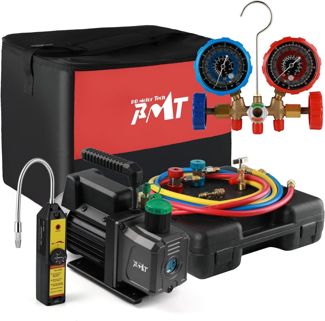 PB Motor TECH 4.5CFM 1/3HP Vacuum Pump with 3-Way AC Manifold Gauge Set for R134a R12 R22 R502 - Includes Leak Detector, R134a Puncture Can Tap, and More
